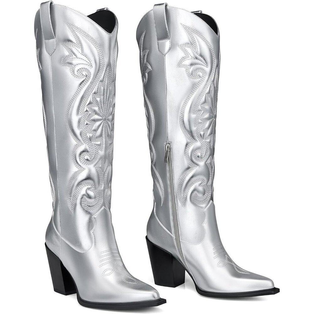 Women's Silver Pointed Toe Knee High Chunky Heels Embroidered Cowgirl Boot